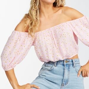 Billabong Puff Sleeve Crop Top Off-Shoulder Blouse Pink Floral Small